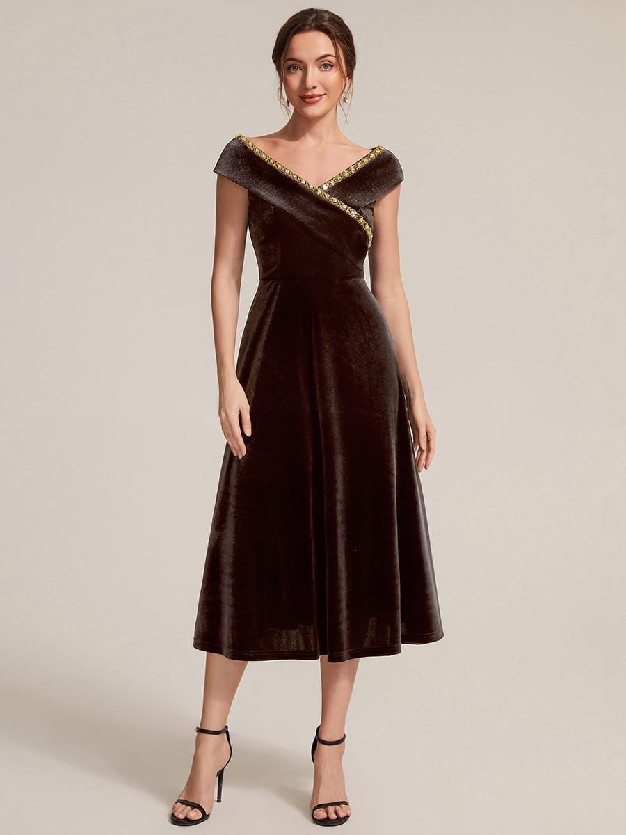 Velvet Midi Length V-neckline A-line Cap Sleeve Back zipper Wedding Guest Dresses #color_Brown