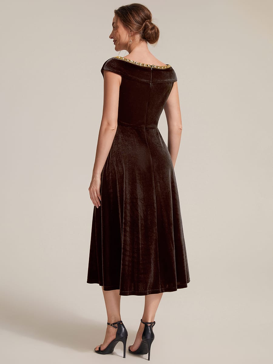 Velvet Midi Length V-neckline A-line Cap Sleeve Back zipper Wedding Guest Dresses #color_Brown