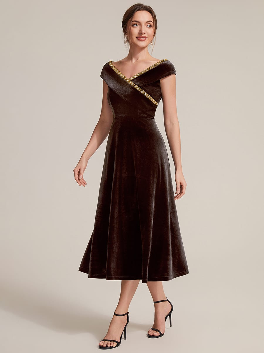 Velvet Midi Length V-neckline A-line Cap Sleeve Back zipper Wedding Guest Dresses #color_Brown