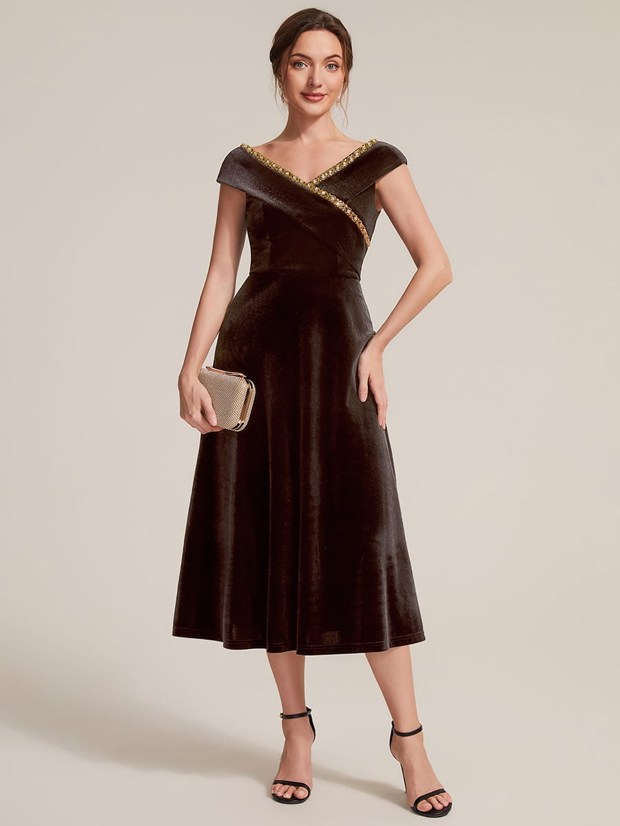 Velvet Midi Length V-neckline A-line Cap Sleeve Back zipper Wedding Guest Dresses #color_Brown