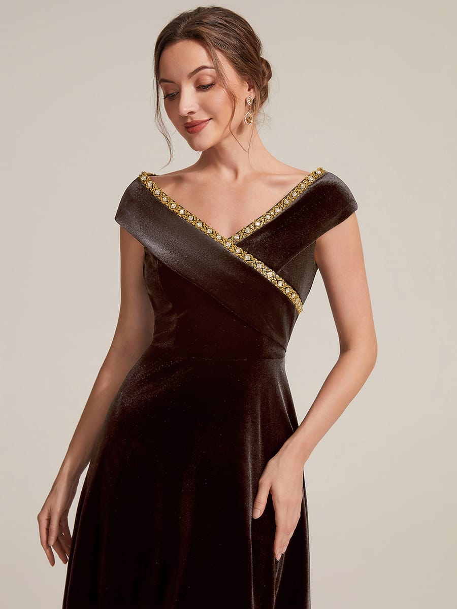 Velvet Midi Length V-neckline A-line Cap Sleeve Back zipper Wedding Guest Dresses #color_Brown