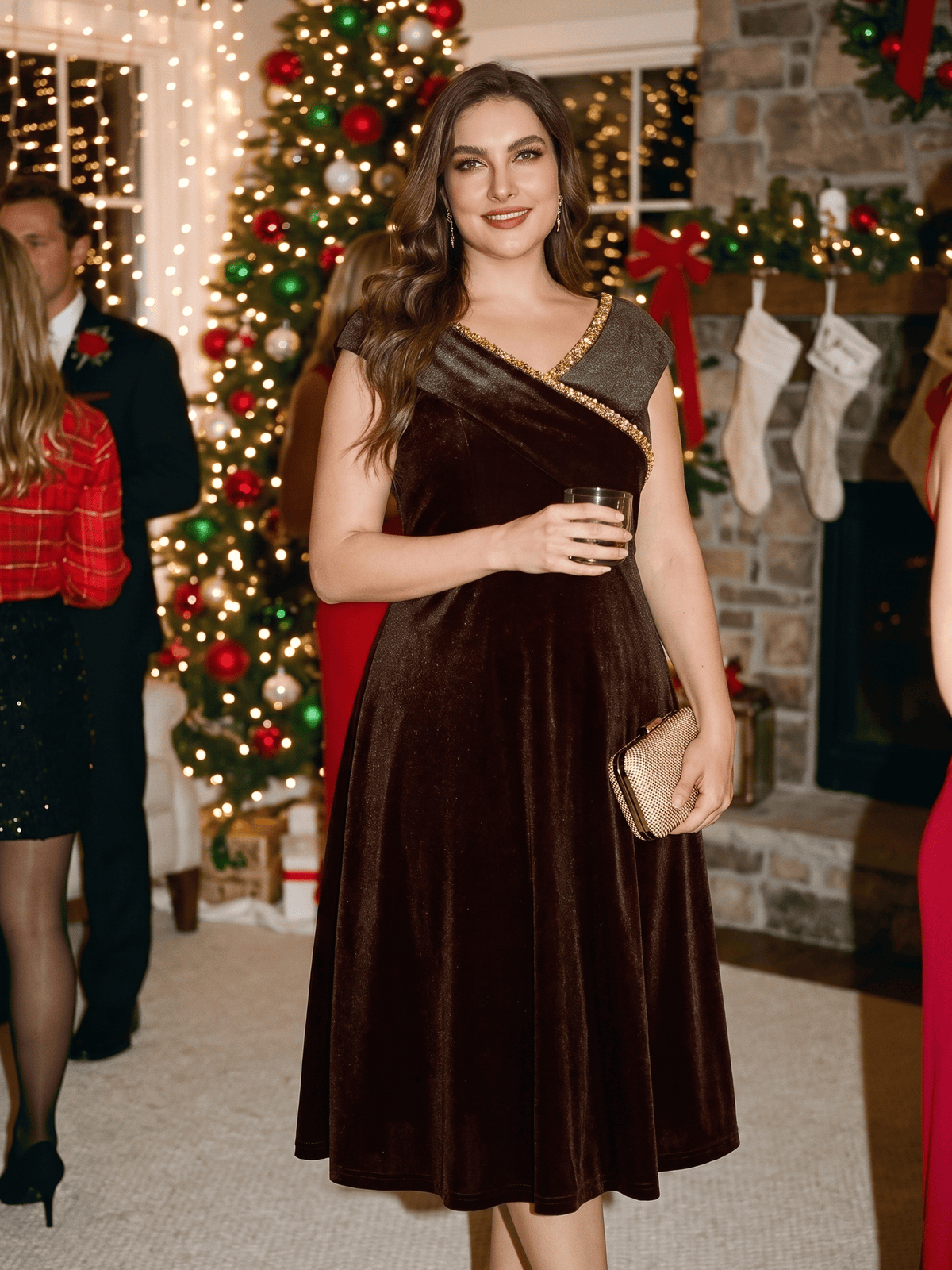 Velvet Midi Length V-neckline A-line Cap Sleeve Back zipper Wedding Guest Dresses #color_Brown