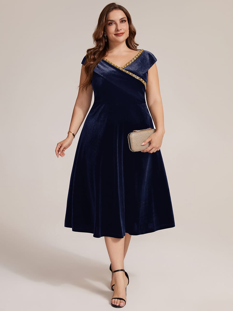 Velvet Midi Length V-neckline A-line Cap Sleeve Back zipper Wedding Guest Dresses #color_Navy Blue