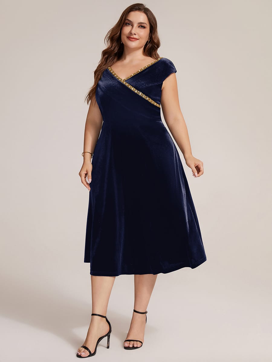 Velvet Midi Length V-neckline A-line Cap Sleeve Back zipper Wedding Guest Dresses #color_Navy Blue