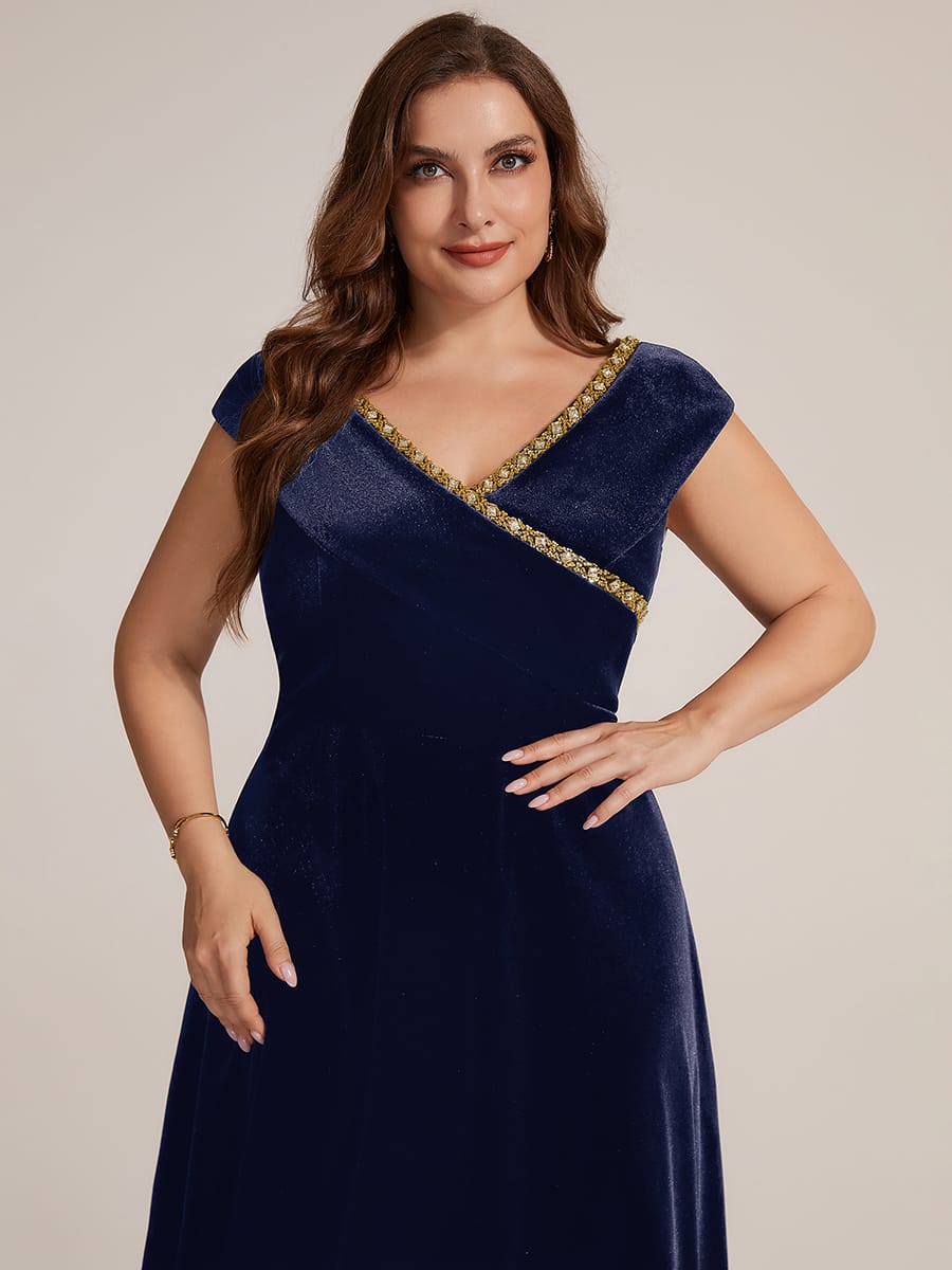 Velvet Midi Length V-neckline A-line Cap Sleeve Back zipper Wedding Guest Dresses #color_Navy Blue