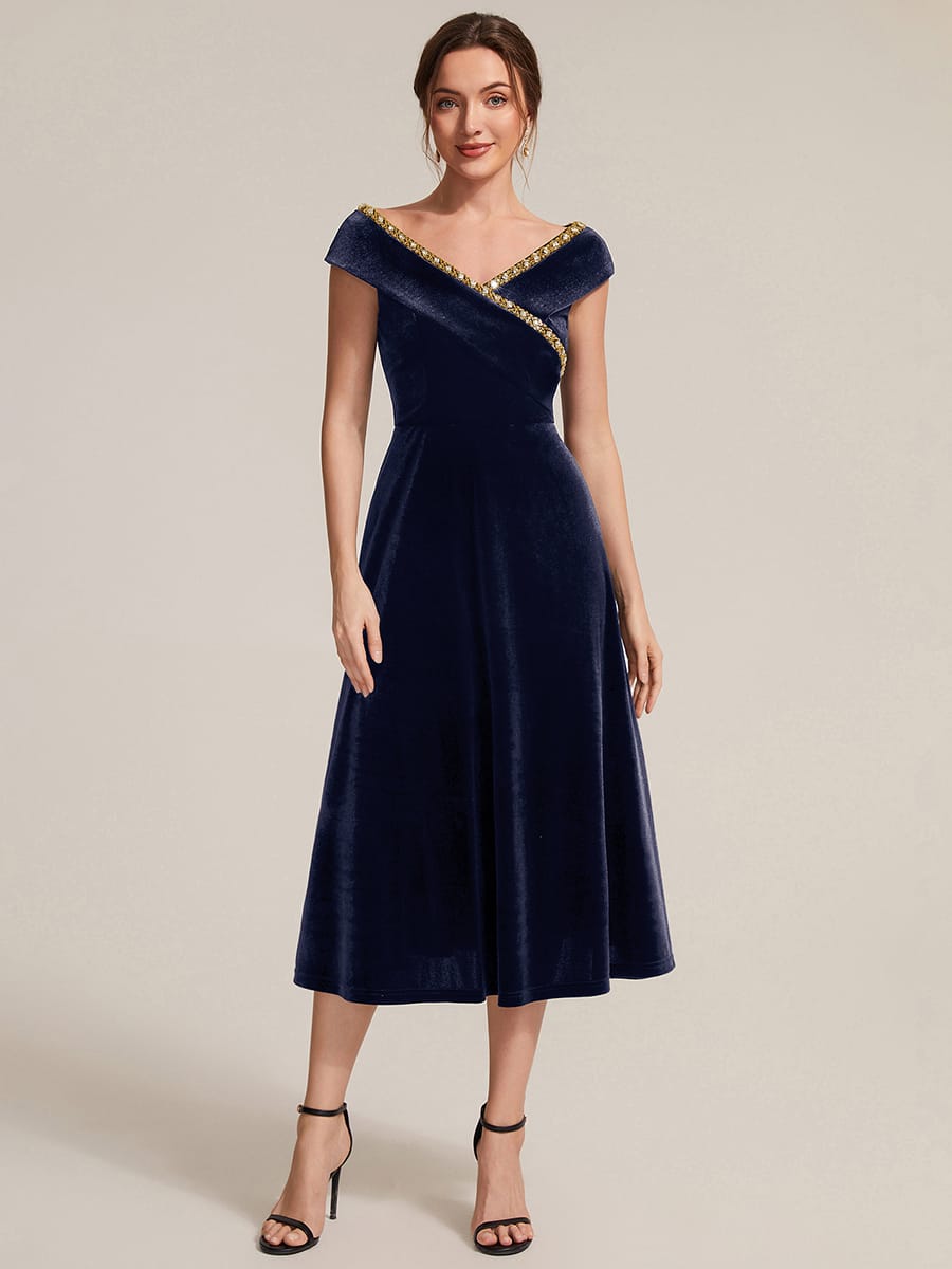 Velvet Midi Length V-neckline A-line Cap Sleeve Back zipper Wedding Guest Dresses #color_Navy Blue