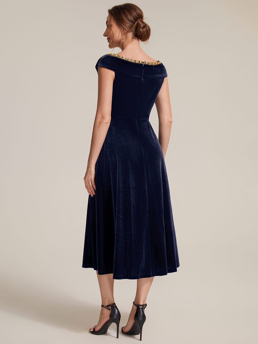 Velvet Midi Length V-neckline A-line Cap Sleeve Back zipper Wedding Guest Dresses #color_Navy Blue
