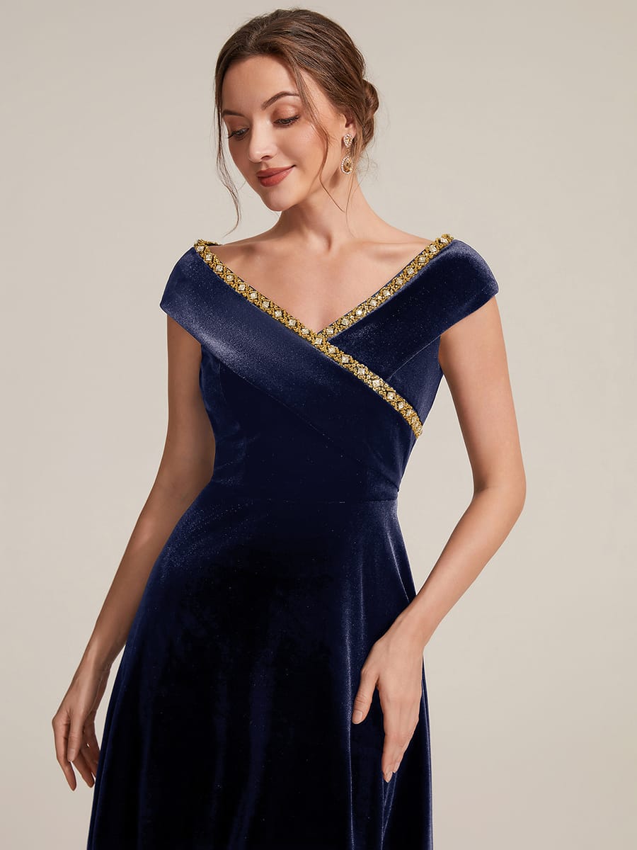 Velvet Midi Length V-neckline A-line Cap Sleeve Back zipper Wedding Guest Dresses #color_Navy Blue