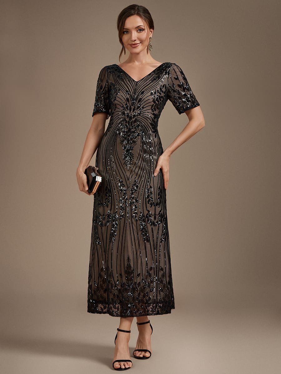 sequins Tea Length V-neckline Sheath Short Sleeve / Fitted Sleeve Back zipper yes no Dress #color_Black
