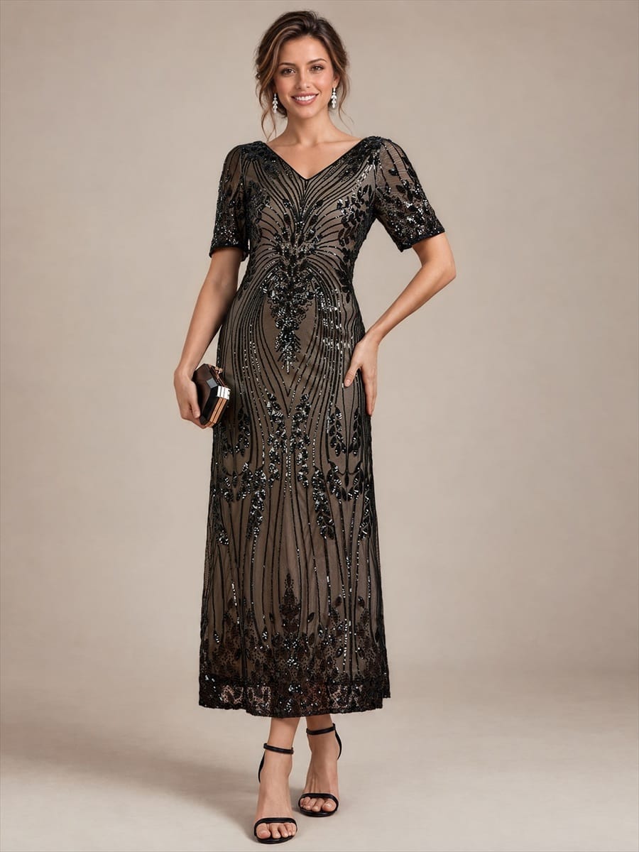 sequins Tea Length V-neckline Sheath Short Sleeve / Fitted Sleeve Back zipper yes no Dress #color_Black