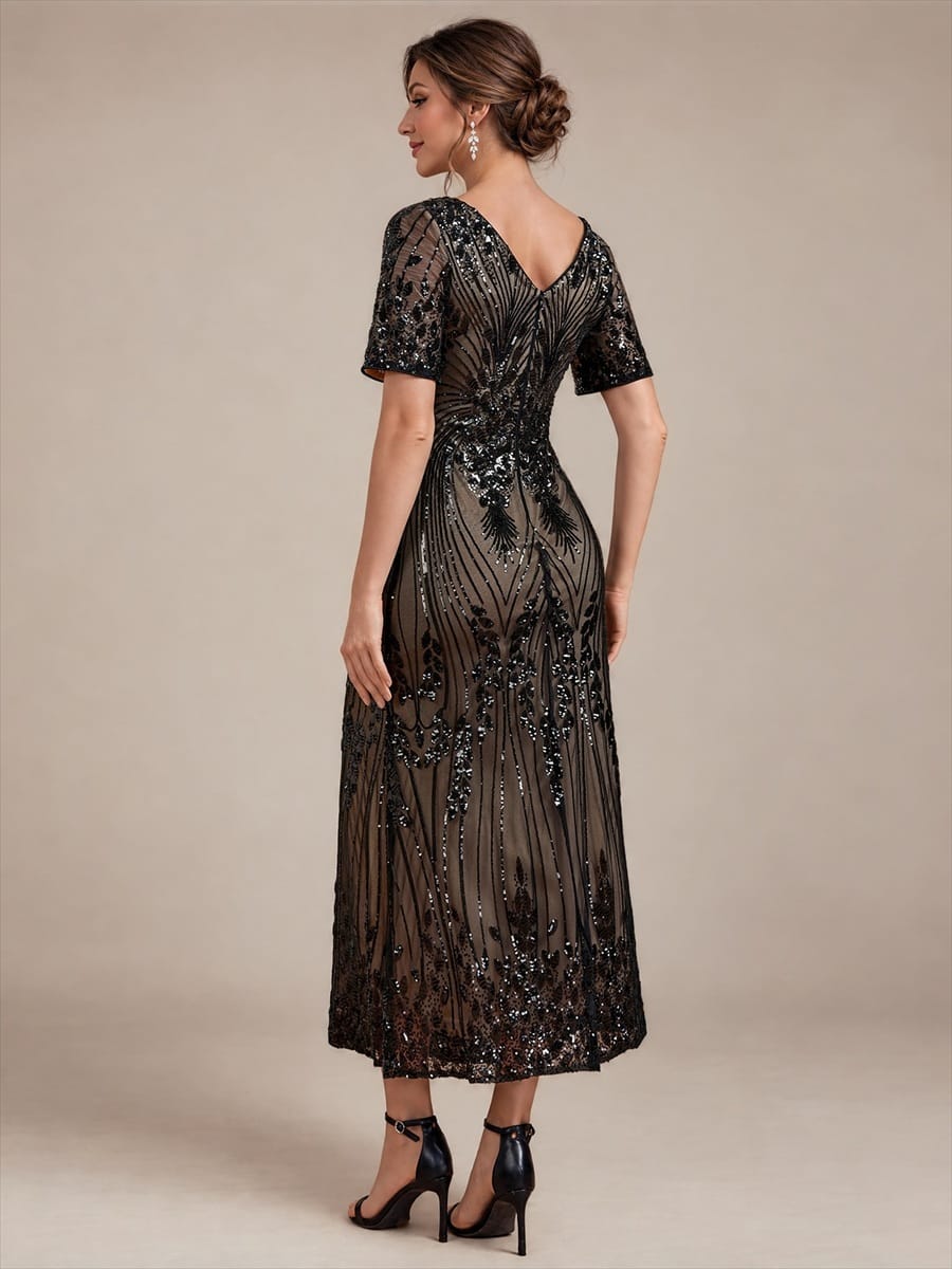 sequins Tea Length V-neckline Sheath Short Sleeve / Fitted Sleeve Back zipper yes no Dress #color_Black