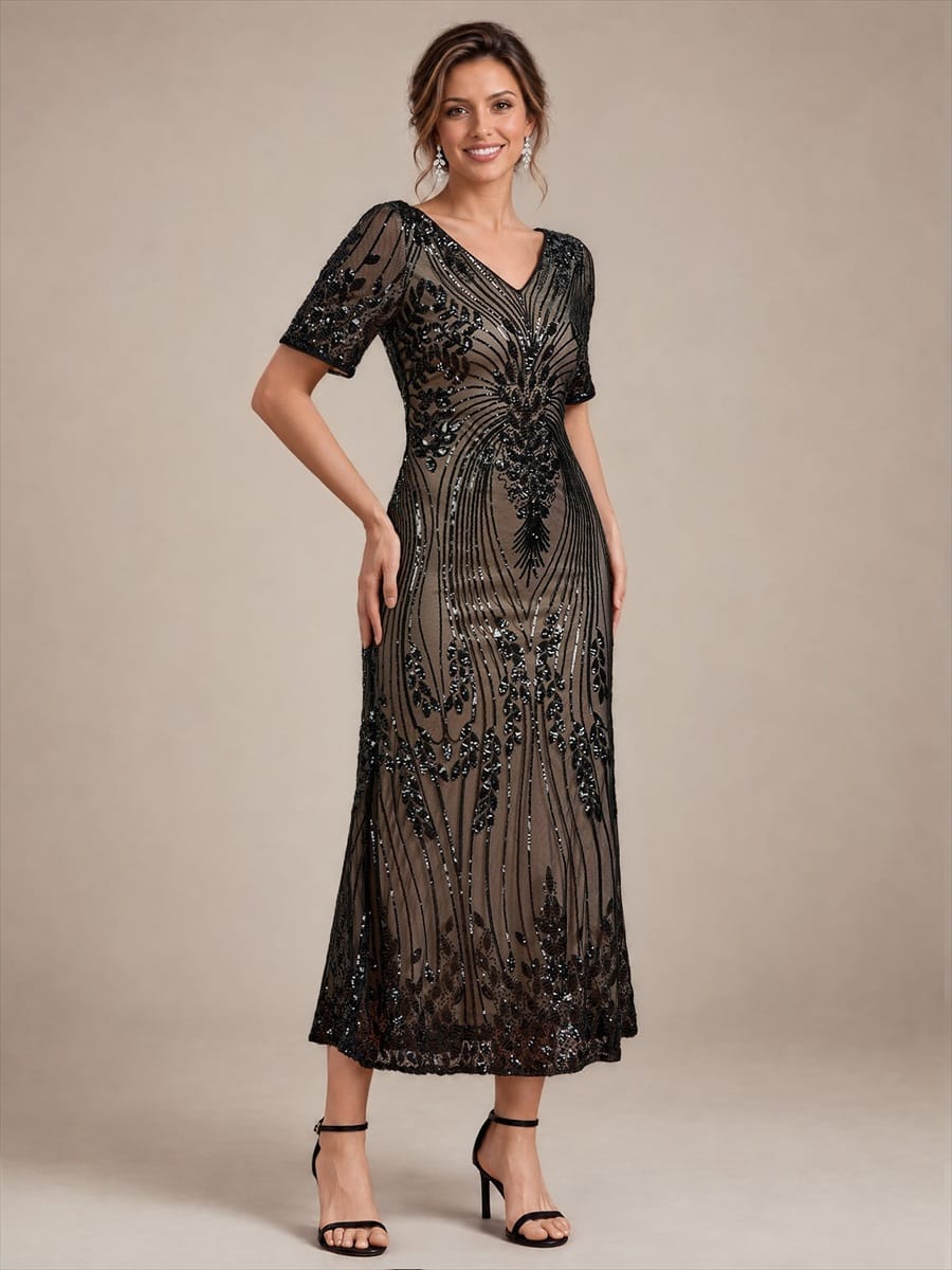 sequins Tea Length V-neckline Sheath Short Sleeve / Fitted Sleeve Back zipper yes no Dress #color_Black