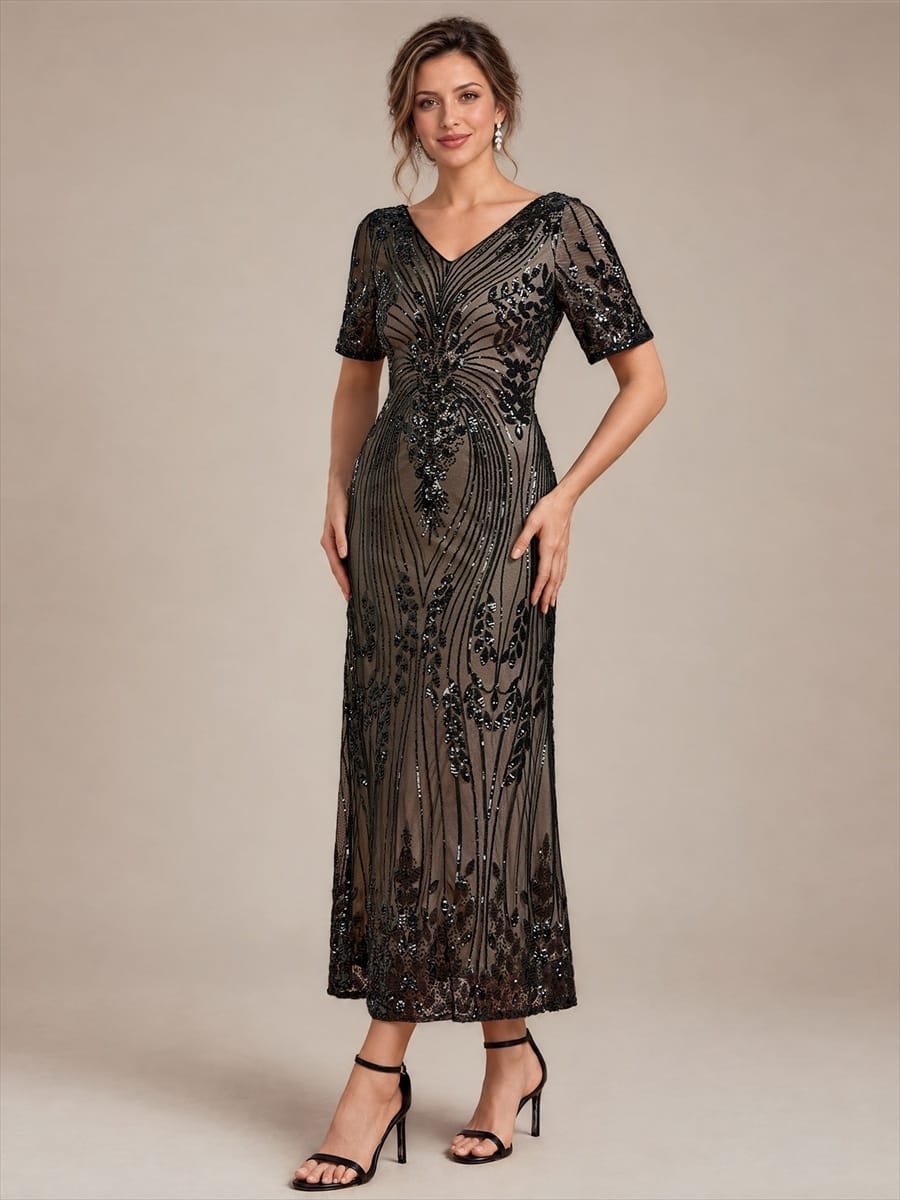 sequins Tea Length V-neckline Sheath Short Sleeve / Fitted Sleeve Back zipper yes no Dress #color_Black