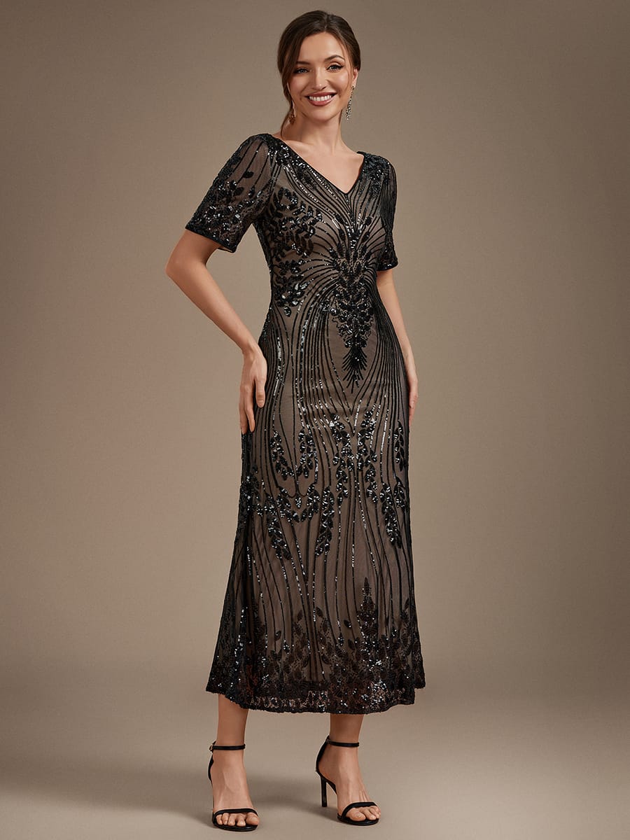 sequins Tea Length V-neckline Sheath Short Sleeve / Fitted Sleeve Back zipper yes no Dress #color_Black