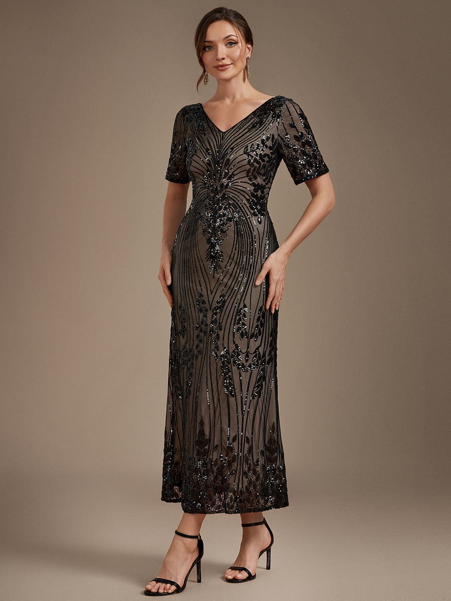 sequins Tea Length V-neckline Sheath Short Sleeve / Fitted Sleeve Back zipper yes no Dress #color_Black