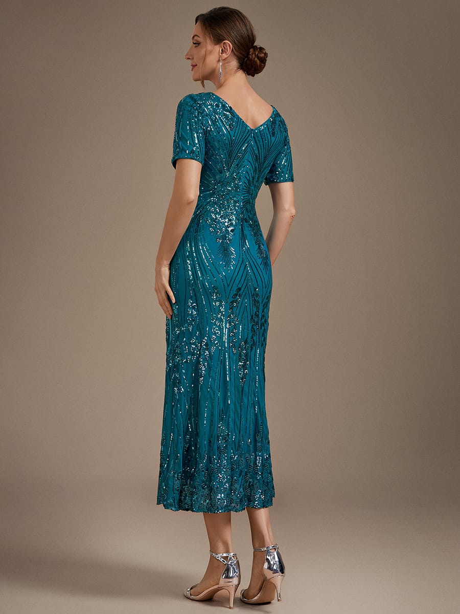 sequins Tea Length V-neckline Sheath Short Sleeve / Fitted Sleeve Back zipper yes no Dress #color_Teal Blue