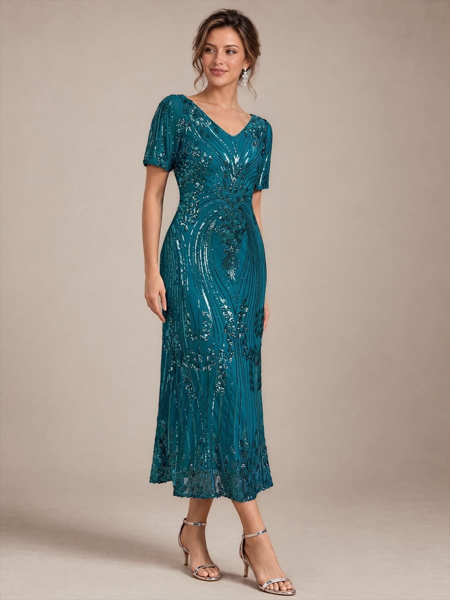 sequins Tea Length V-neckline Sheath Short Sleeve / Fitted Sleeve Back zipper yes no Dress #color_Teal Blue
