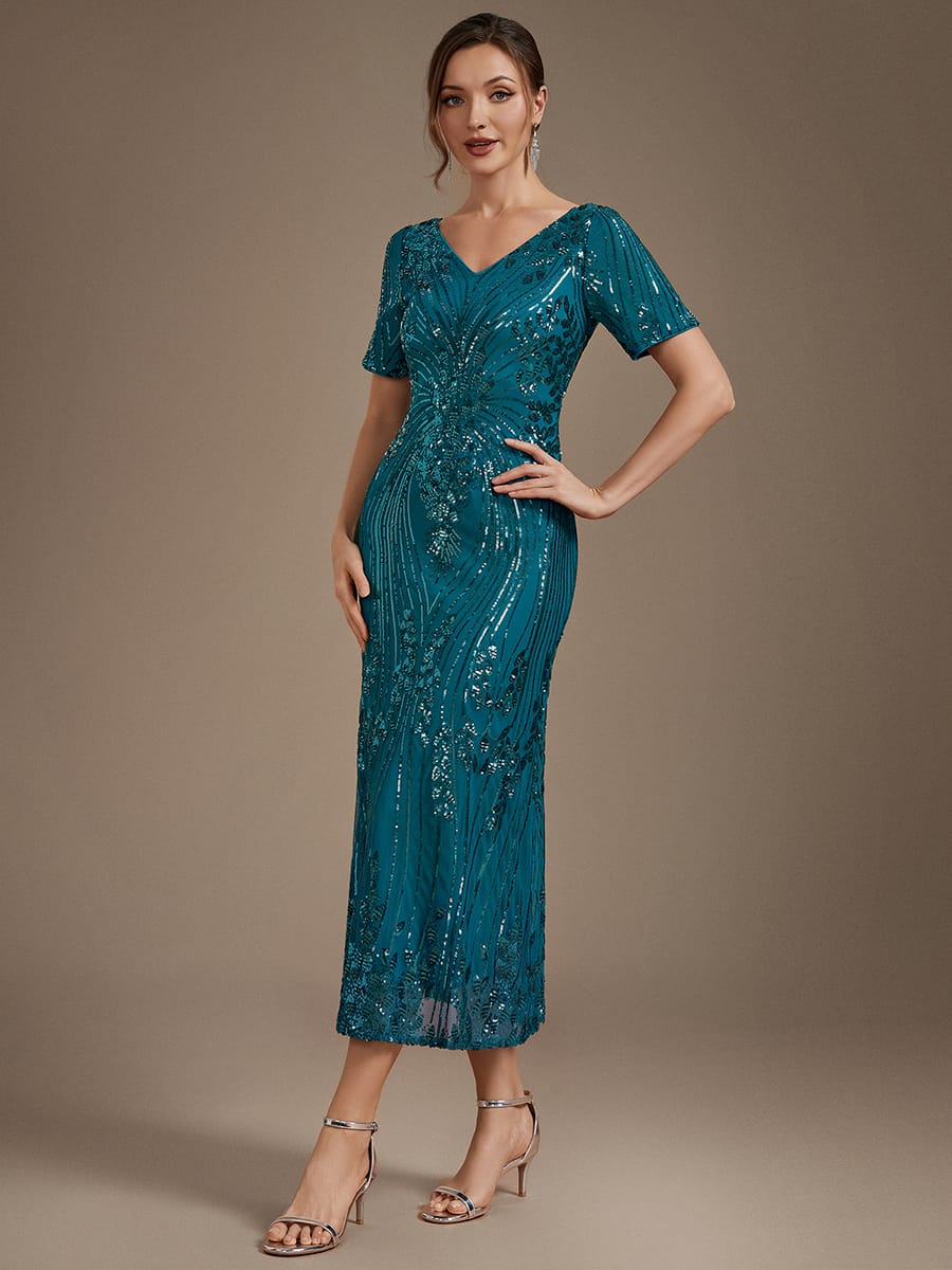 sequins Tea Length V-neckline Sheath Short Sleeve / Fitted Sleeve Back zipper yes no Dress #color_Teal Blue