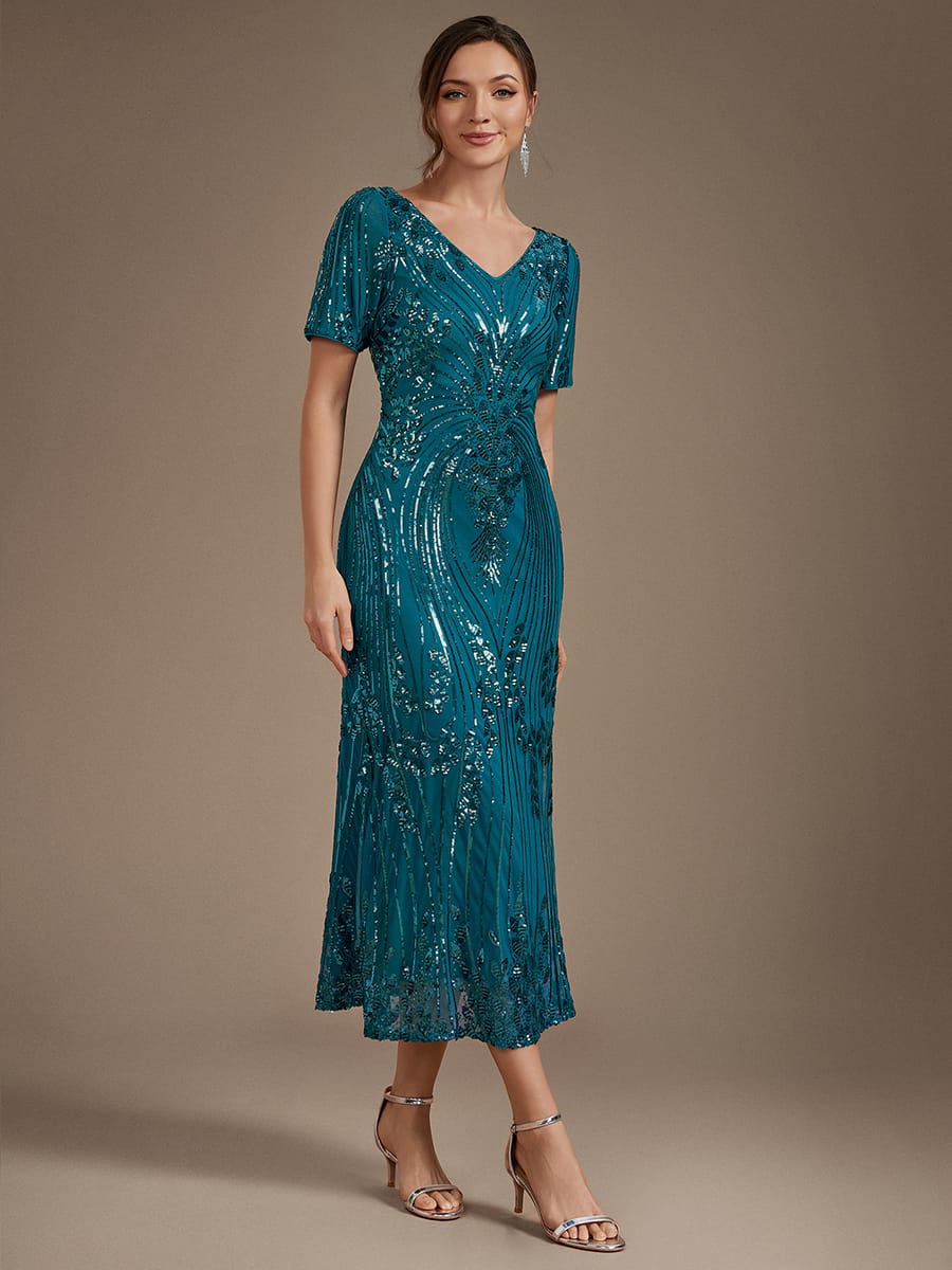 sequins Tea Length V-neckline Sheath Short Sleeve / Fitted Sleeve Back zipper yes no Dress #color_Teal Blue