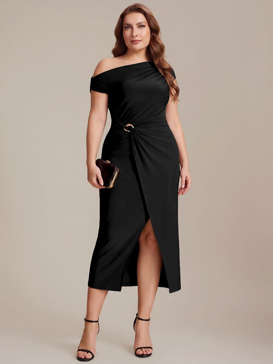 Handkerchief Hem jersey Off-the-shoulder Sleeve Dress #color_Black