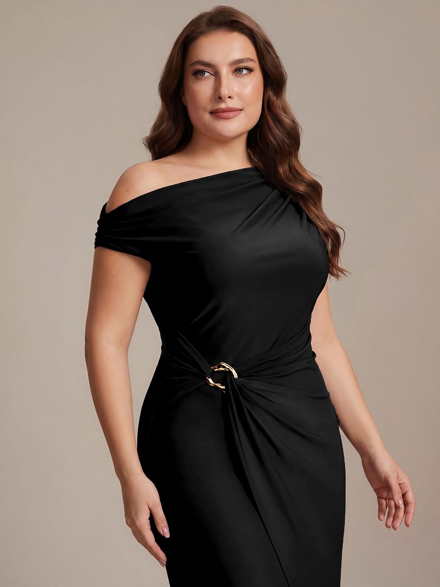Handkerchief Hem jersey Off-the-shoulder Sleeve Dress #color_Black