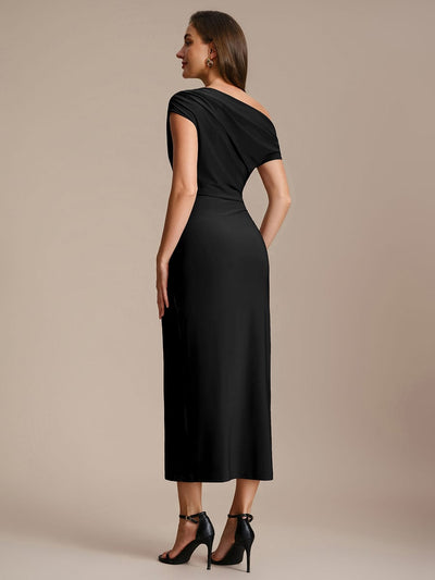 Handkerchief Hem jersey Off-the-shoulder Sleeve Dress #color_Black