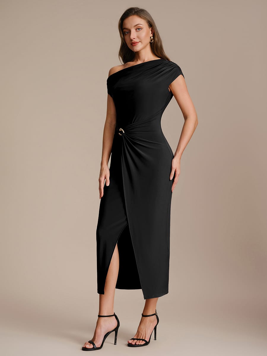 Handkerchief Hem jersey Off-the-shoulder Sleeve Dress #color_Black