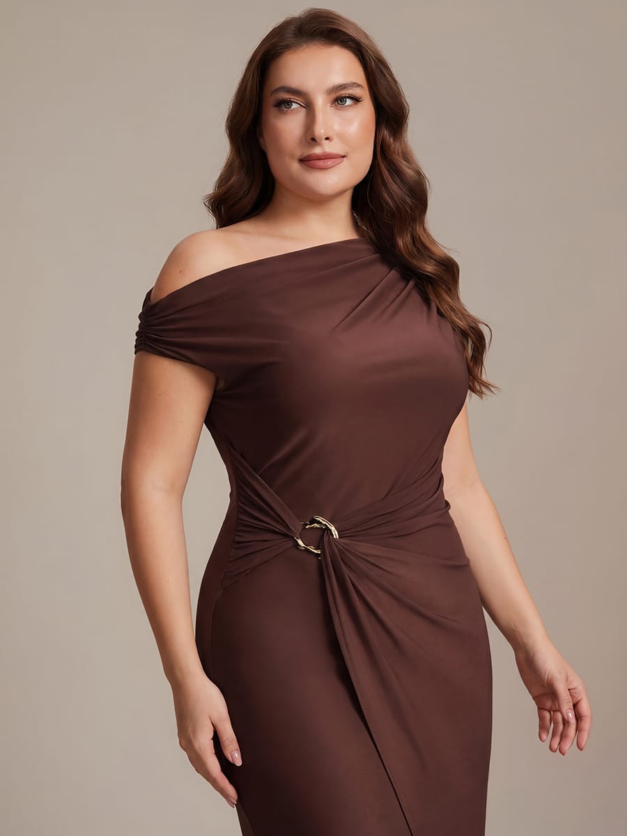 Handkerchief Hem jersey Off-the-shoulder Sleeve Dress #color_Chocolate Brown