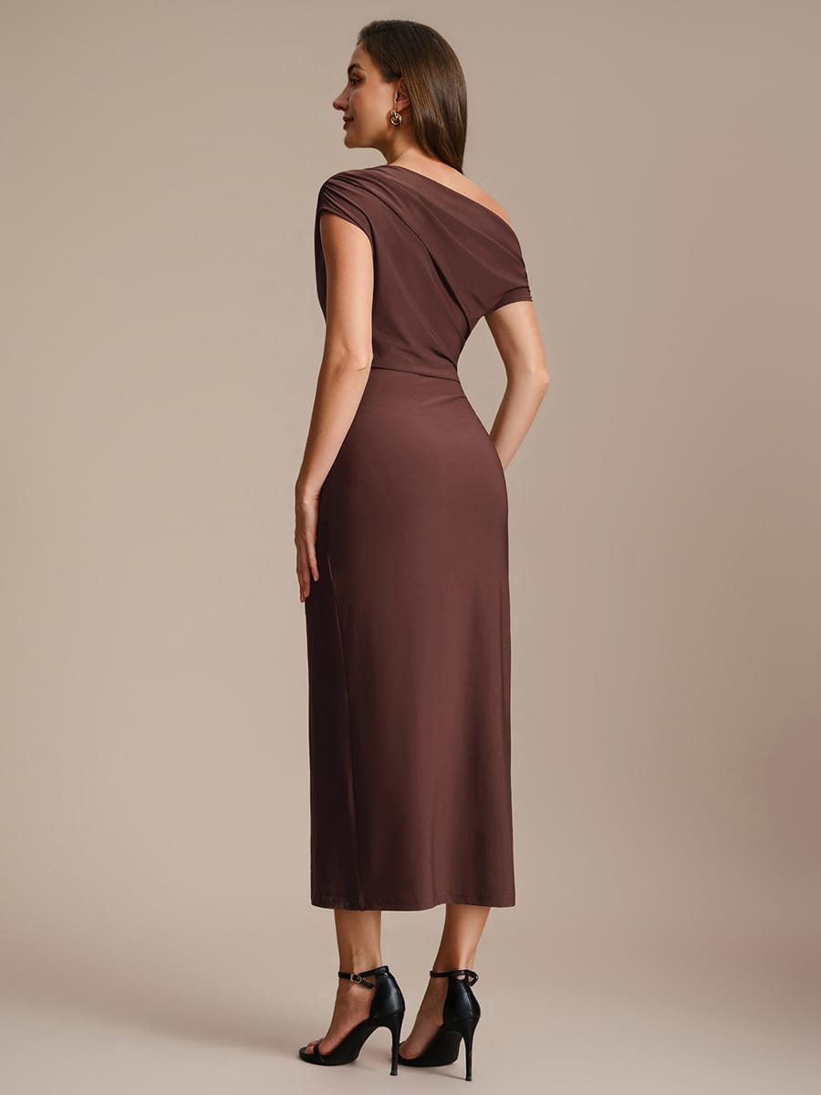 Handkerchief Hem jersey Off-the-shoulder Sleeve Dress #color_Chocolate Brown