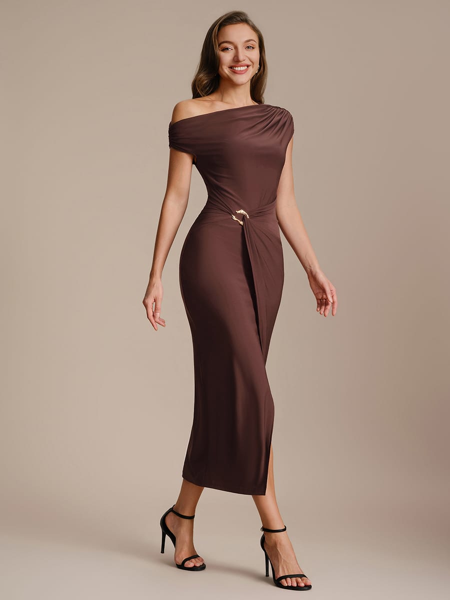 Handkerchief Hem jersey Off-the-shoulder Sleeve Dress #color_Chocolate Brown