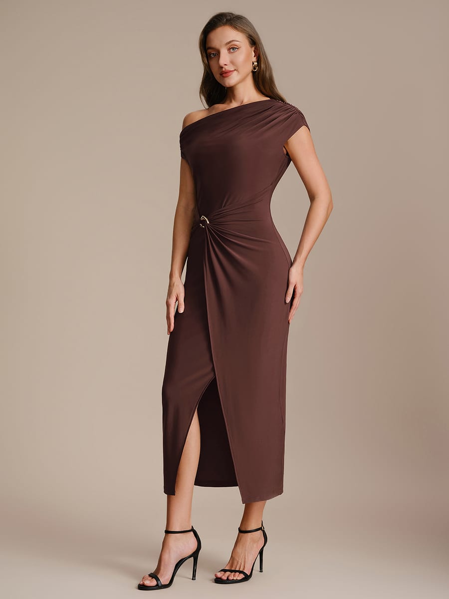 Handkerchief Hem jersey Off-the-shoulder Sleeve Dress #color_Chocolate Brown
