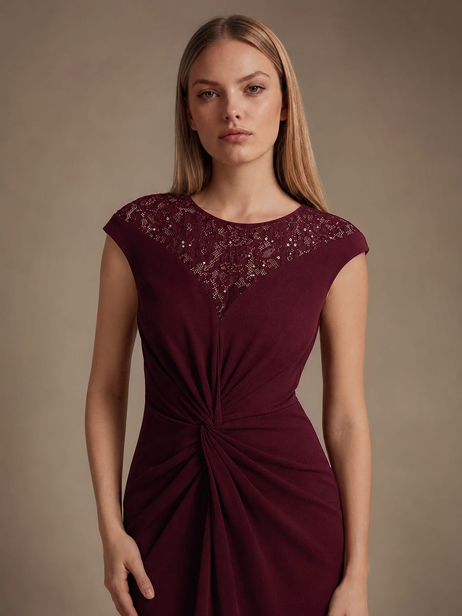 Sequin Crepe Cap Sleeve Dress #color_Burgundy
