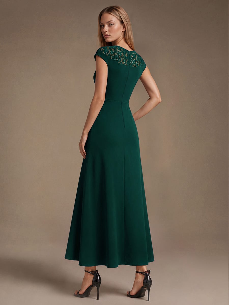Sequin Crepe Cap Sleeve Dress #color_Dark Green