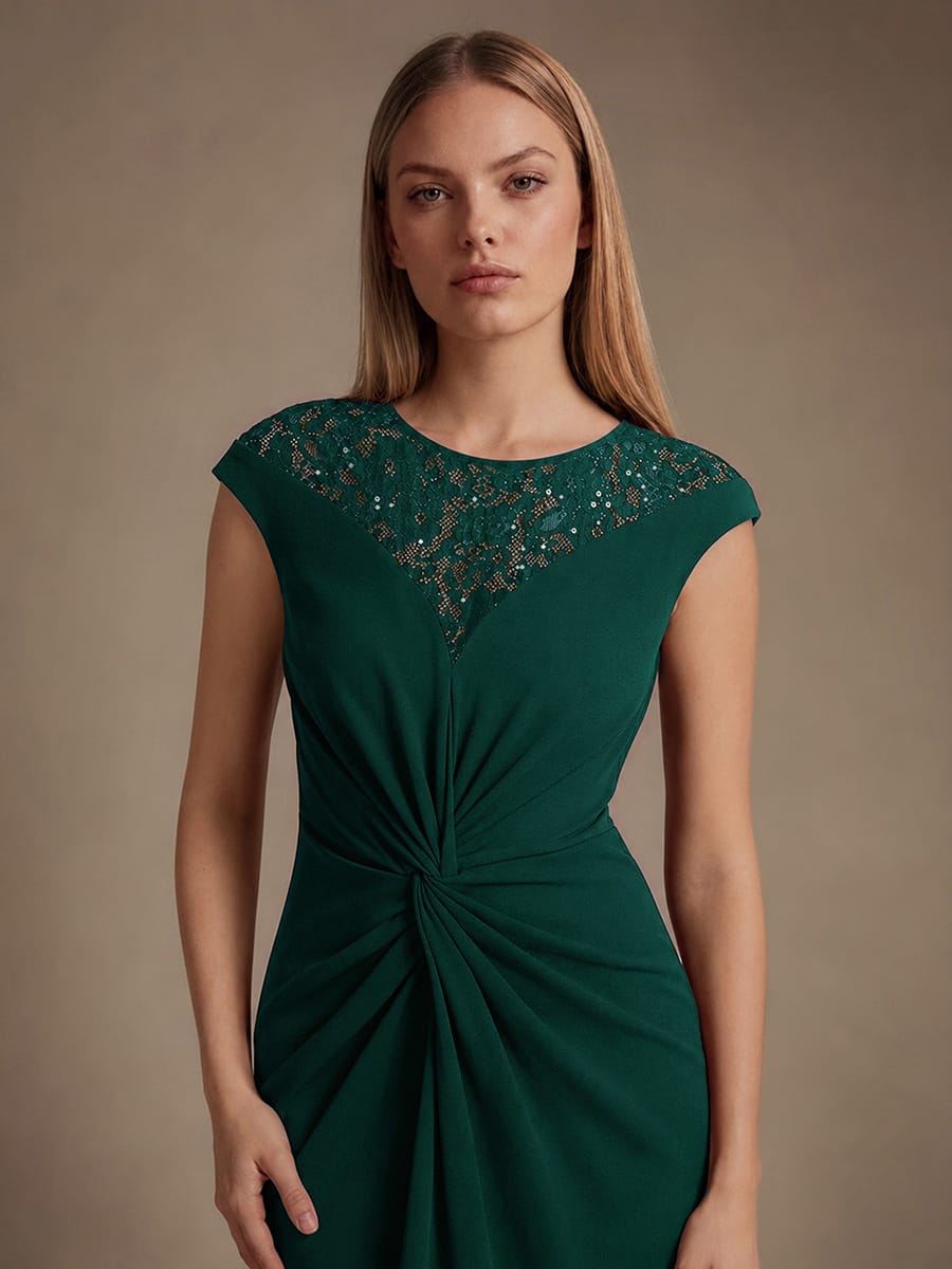 Sequin Crepe Cap Sleeve Dress #color_Dark Green