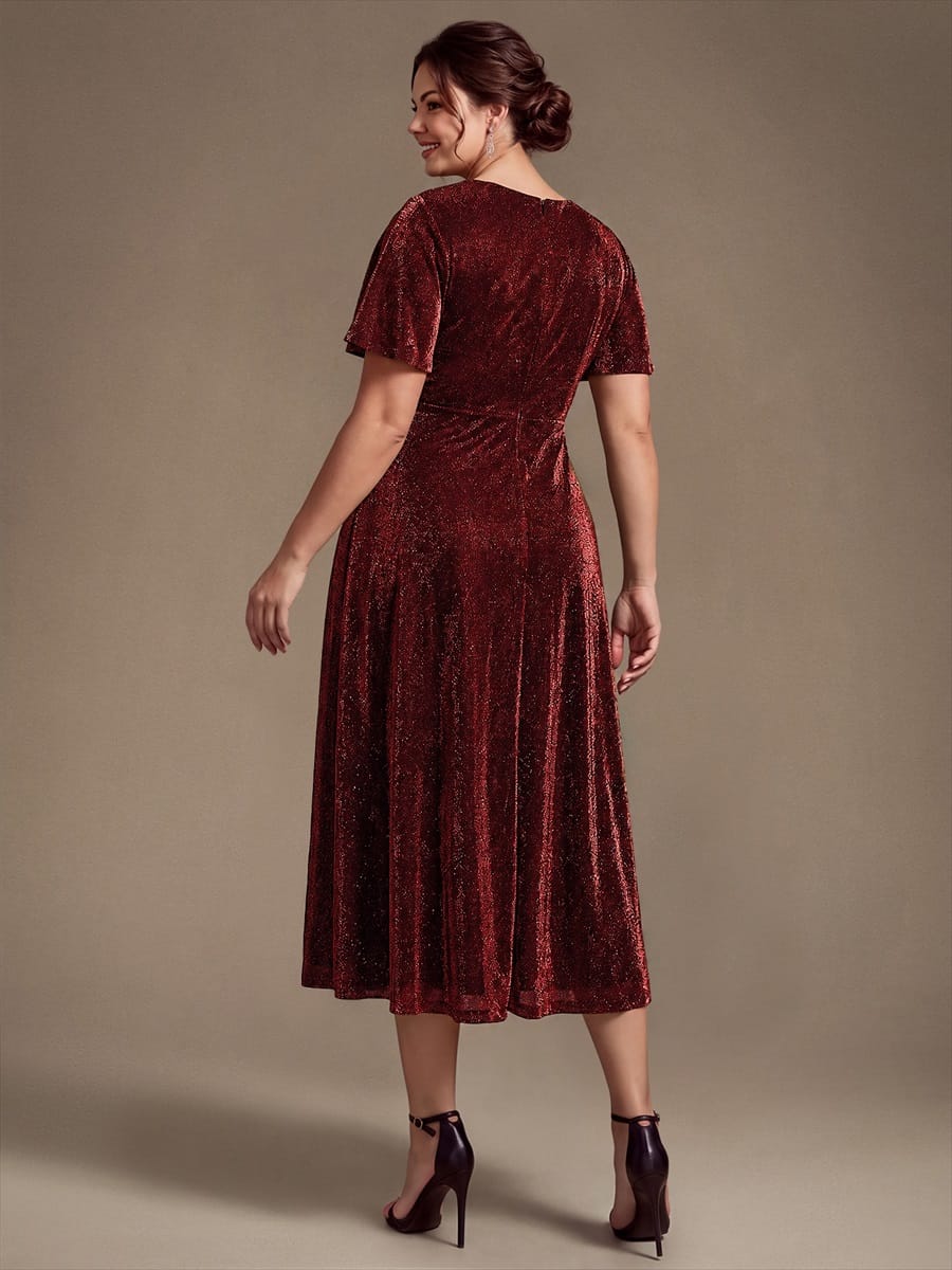 Knit Fitted Sleeve A-line Dress #color_Burgundy