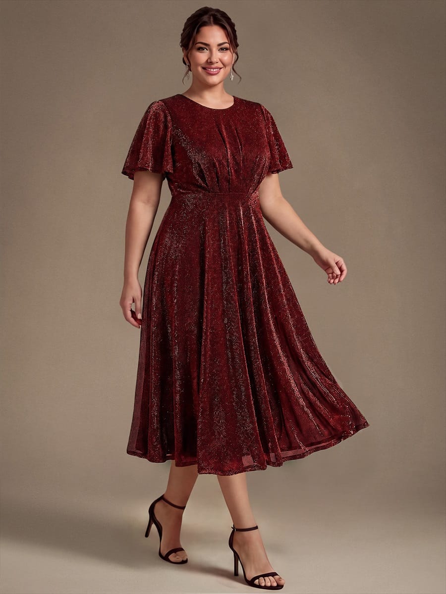 Knit Fitted Sleeve A-line Dress #color_Burgundy