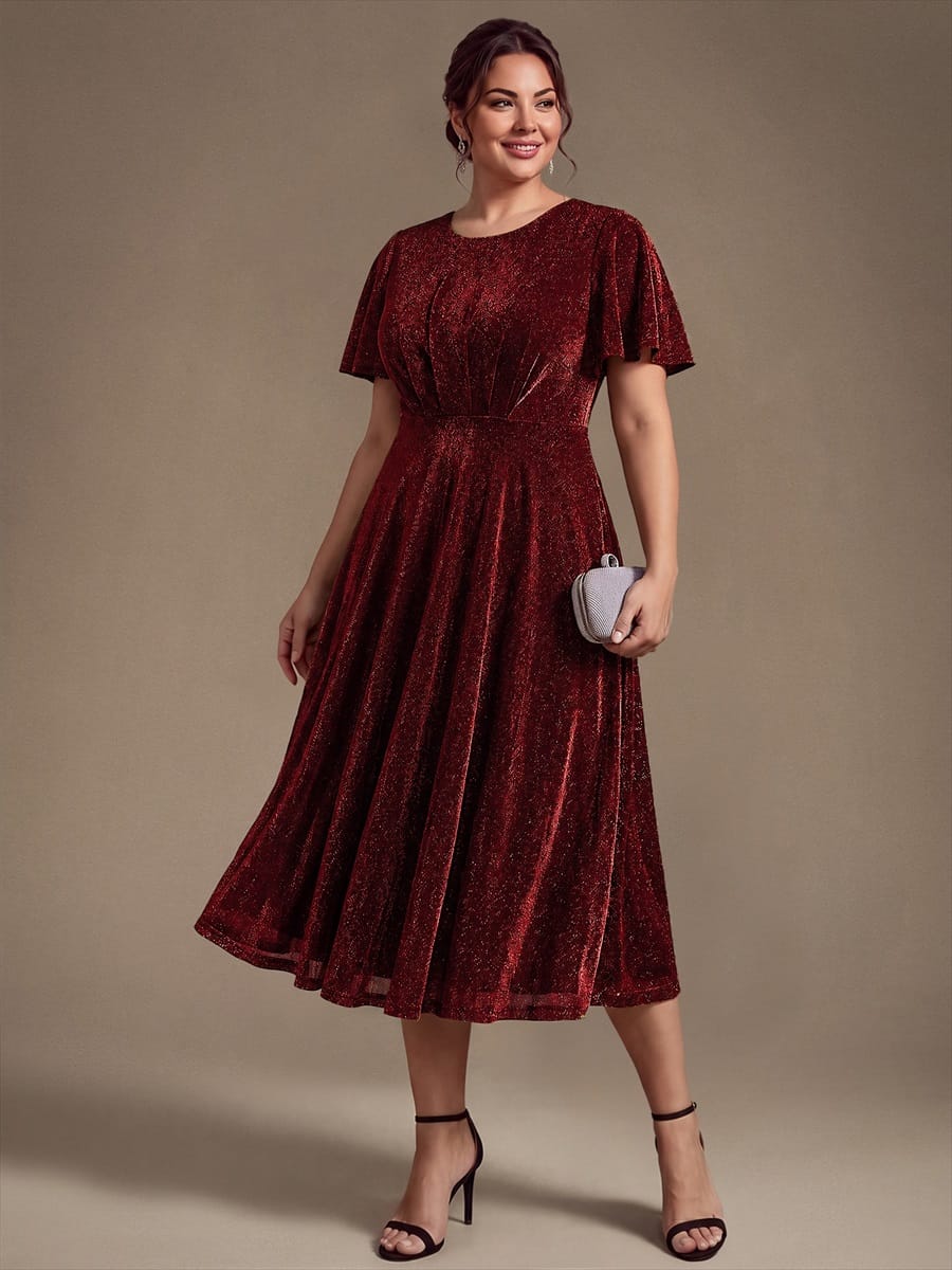 Knit Fitted Sleeve A-line Dress #color_Burgundy