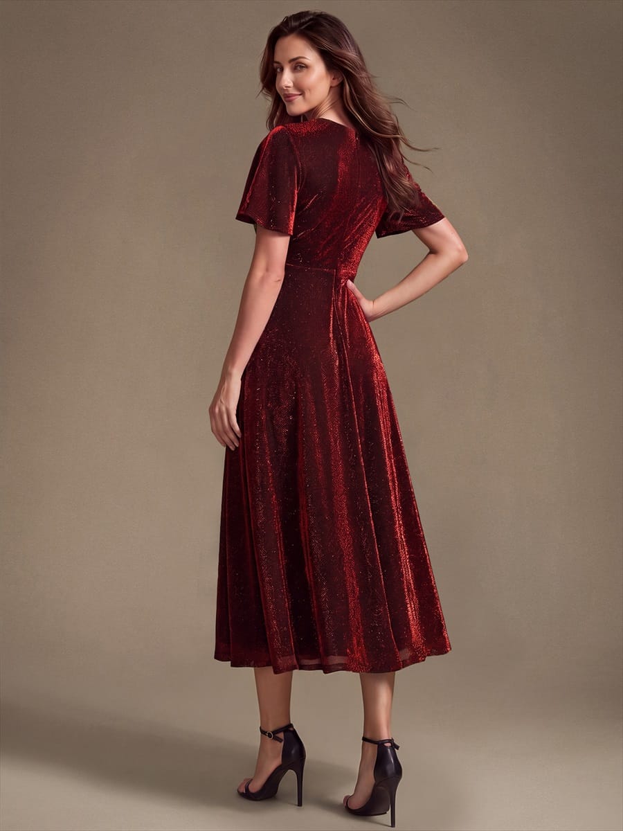 Knit Fitted Sleeve A-line Dress #color_Burgundy
