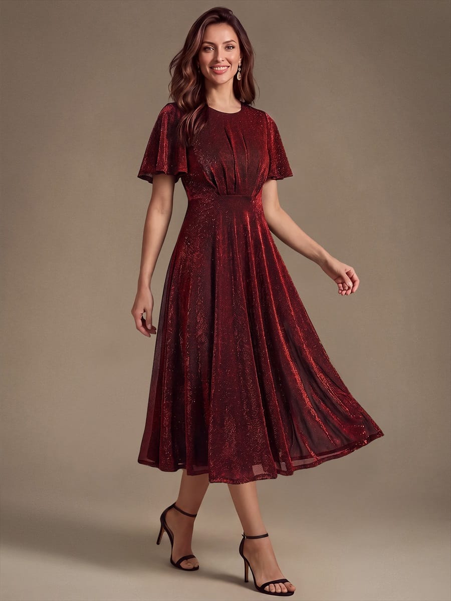 Knit Fitted Sleeve A-line Dress #color_Burgundy