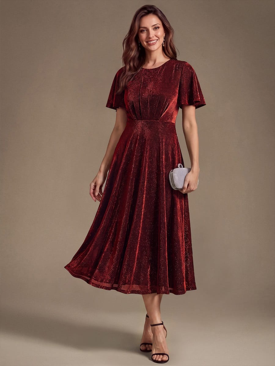 Knit Fitted Sleeve A-line Dress #color_Burgundy
