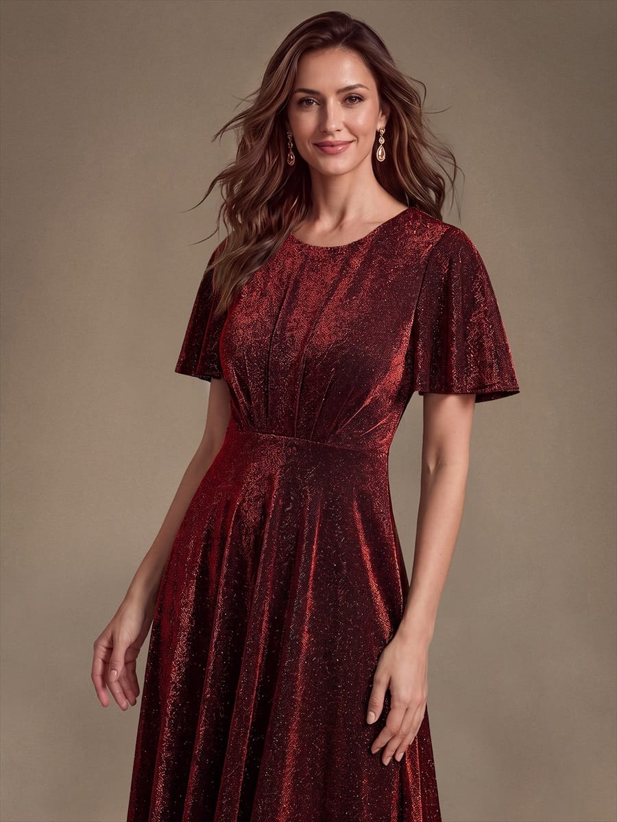 Knit Fitted Sleeve A-line Dress #color_Burgundy