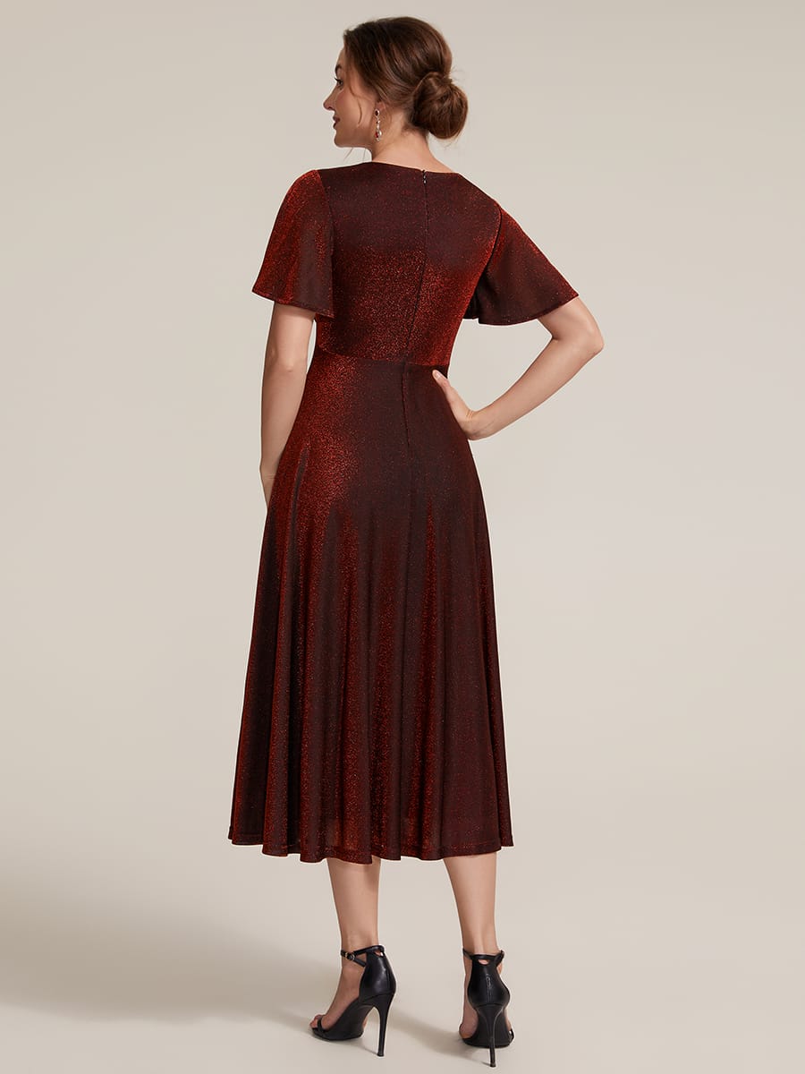 Knit Fitted Sleeve A-line Dress #color_Burgundy