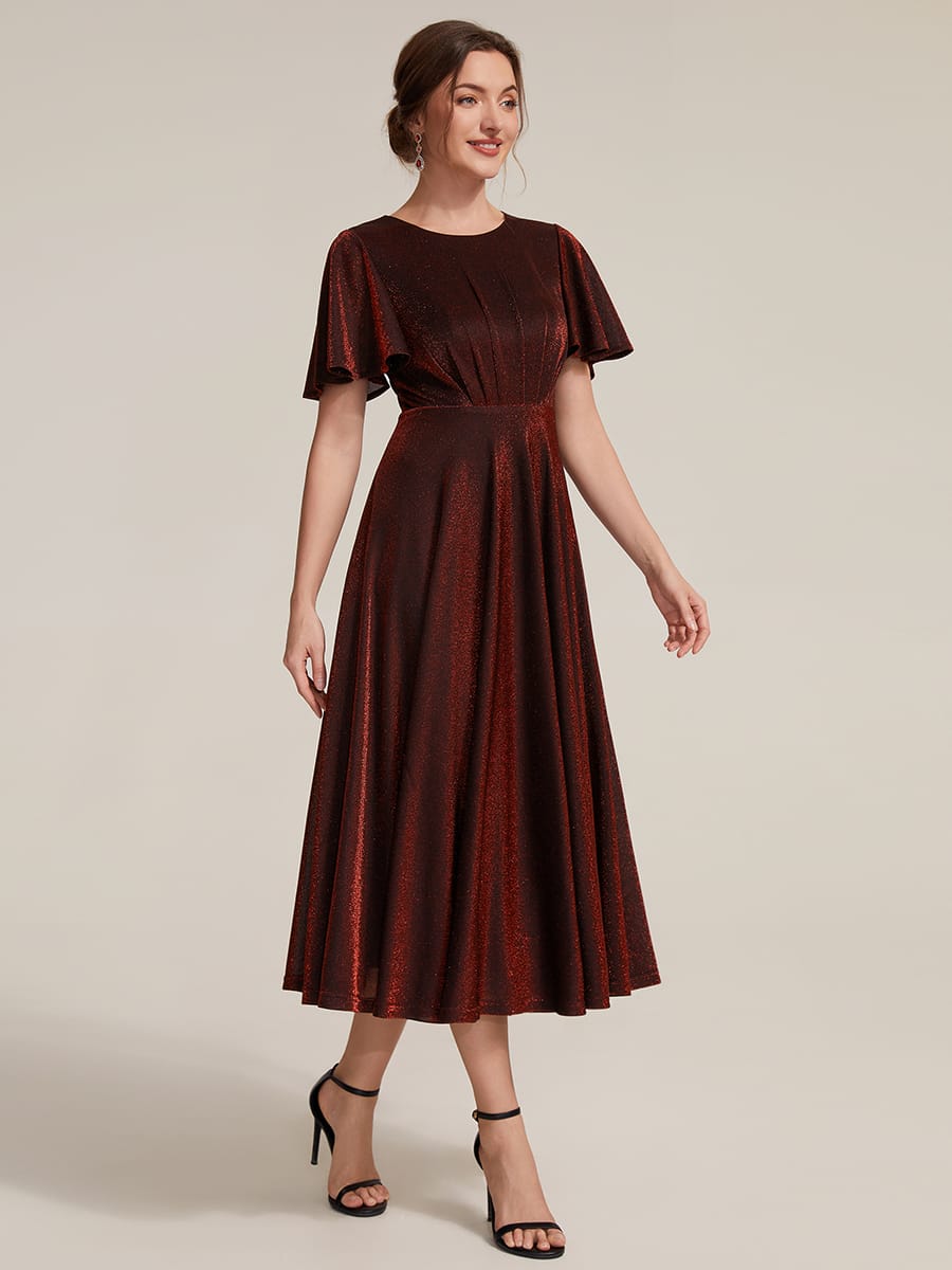 Knit Fitted Sleeve A-line Dress #color_Burgundy