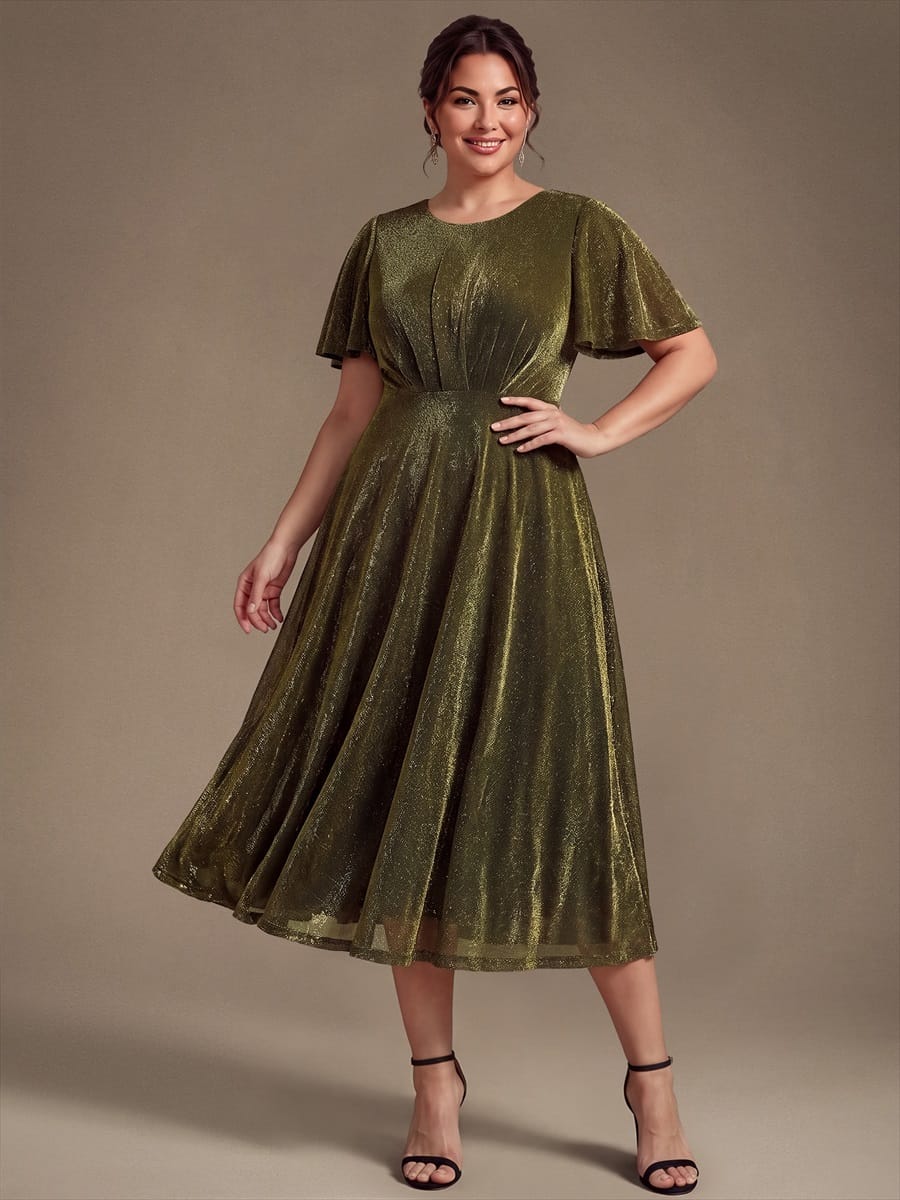 Knit Fitted Sleeve A-line Dress #color_Metallic Gold