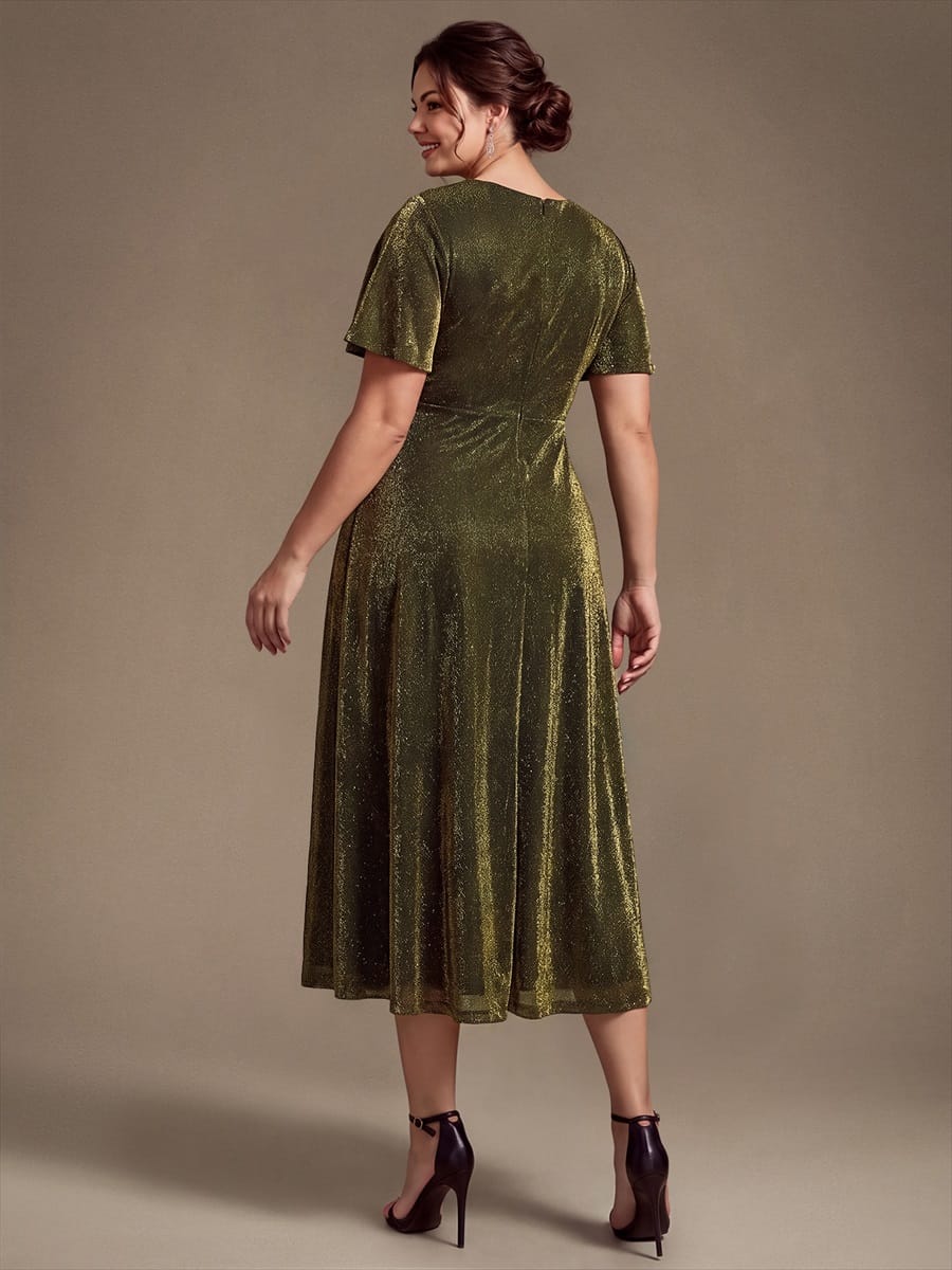 Knit Fitted Sleeve A-line Dress #color_Metallic Gold