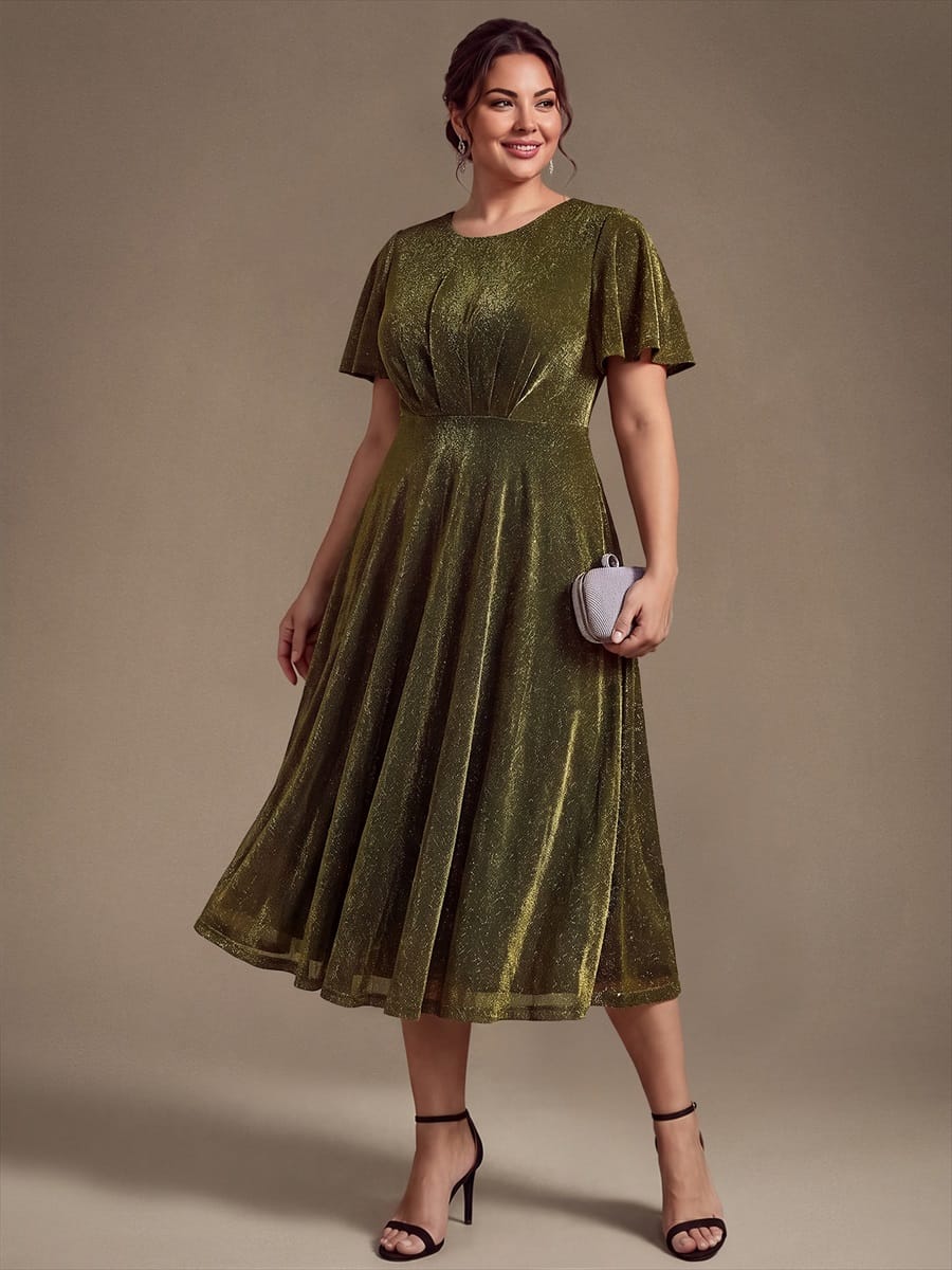 Knit Fitted Sleeve A-line Dress #color_Metallic Gold