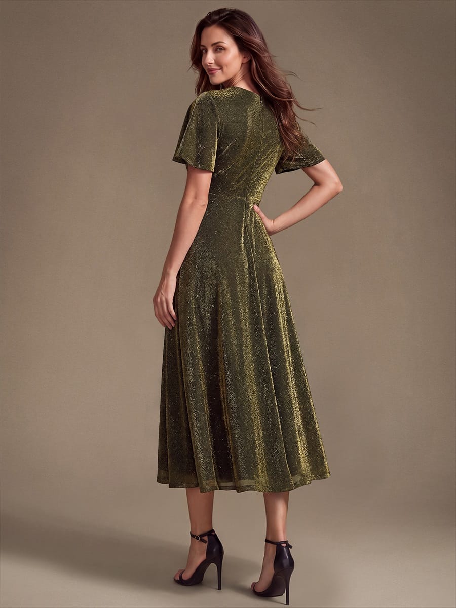 Knit Fitted Sleeve A-line Dress #color_Metallic Gold