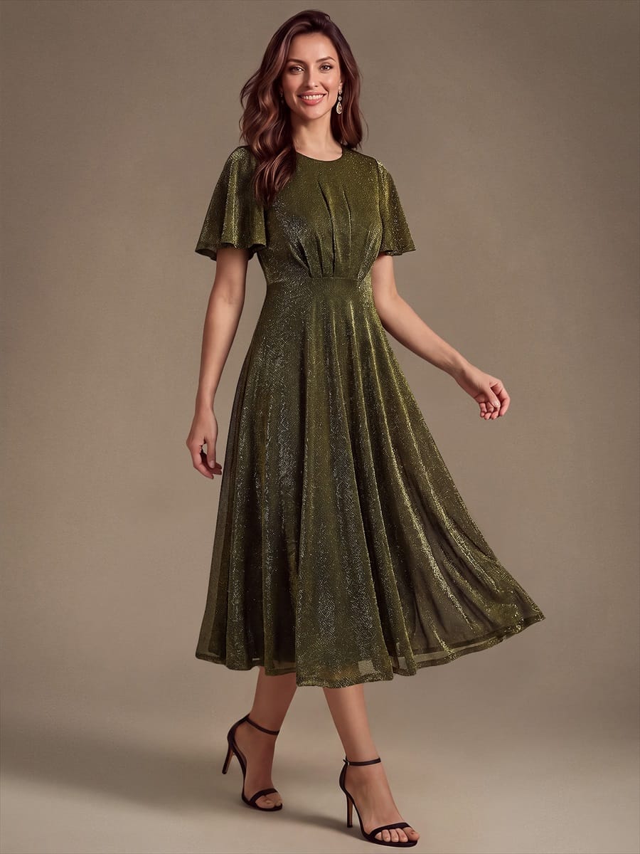 Knit Fitted Sleeve A-line Dress #color_Metallic Gold