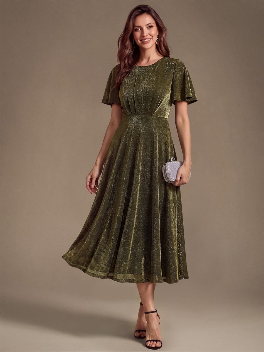 Knit Fitted Sleeve A-line Dress #color_Metallic Gold