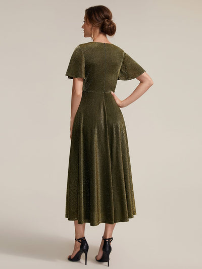 Knit Fitted Sleeve A-line Dress #color_Metallic Gold